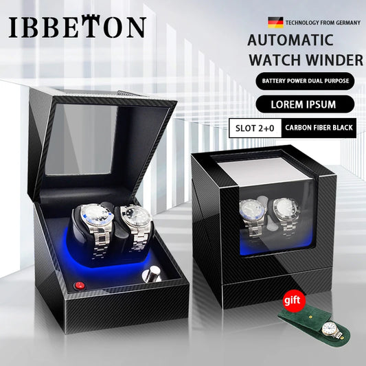 Remontoir de Montre IBBETON — Fibre de Carbone & Bois, Moteur Mabuchi Silencieux, LED