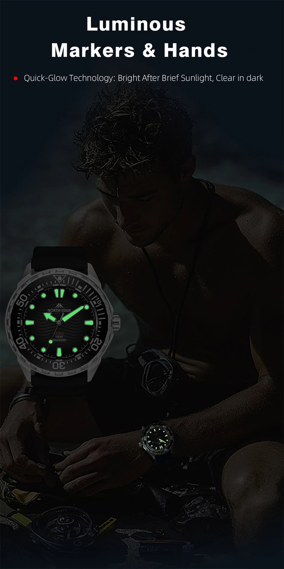 Montre Plongée NORTH EDGE TRITON — Solaire, Quartz, Acier 316L, Étanche 300M