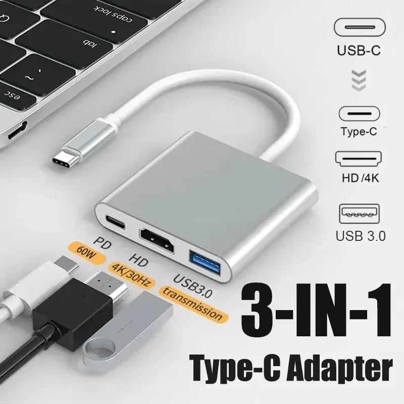 Adaptateur Hub USB-C 3 en 1 — HDMI 4K, USB 3.0 5Gbps, Charge USB-C | TechNova X