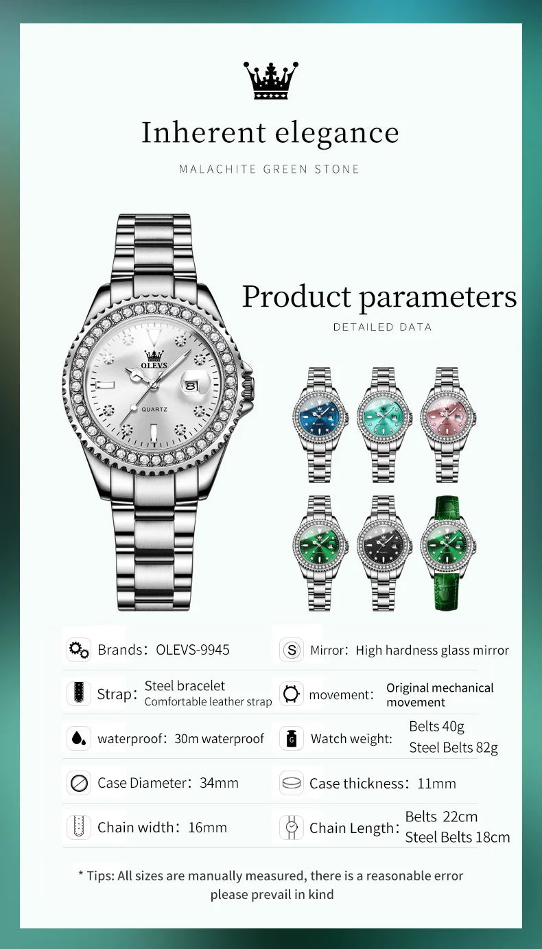 Montre Femme Quartz OLEVS 9945 — Cadran Diamant Lumineux, Acier Inoxydable, Date, 3 ATM