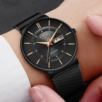 Montre Homme LIGE 9949 — Quartz Ultra-Fine, Bracelet Acier Inox, Date & Semaine, 3 ATM