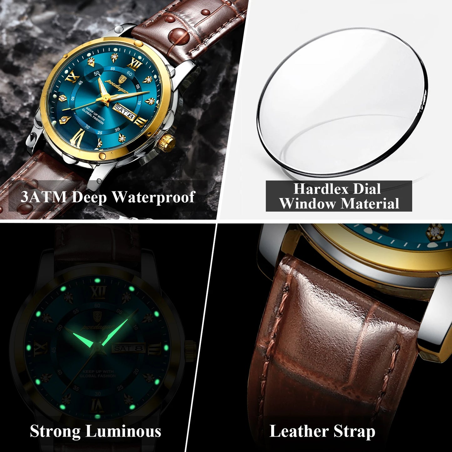 Montre Homme POEDAGAR 936L — Quartz, Bracelet Cuir, Lumineux, Date & Semaine