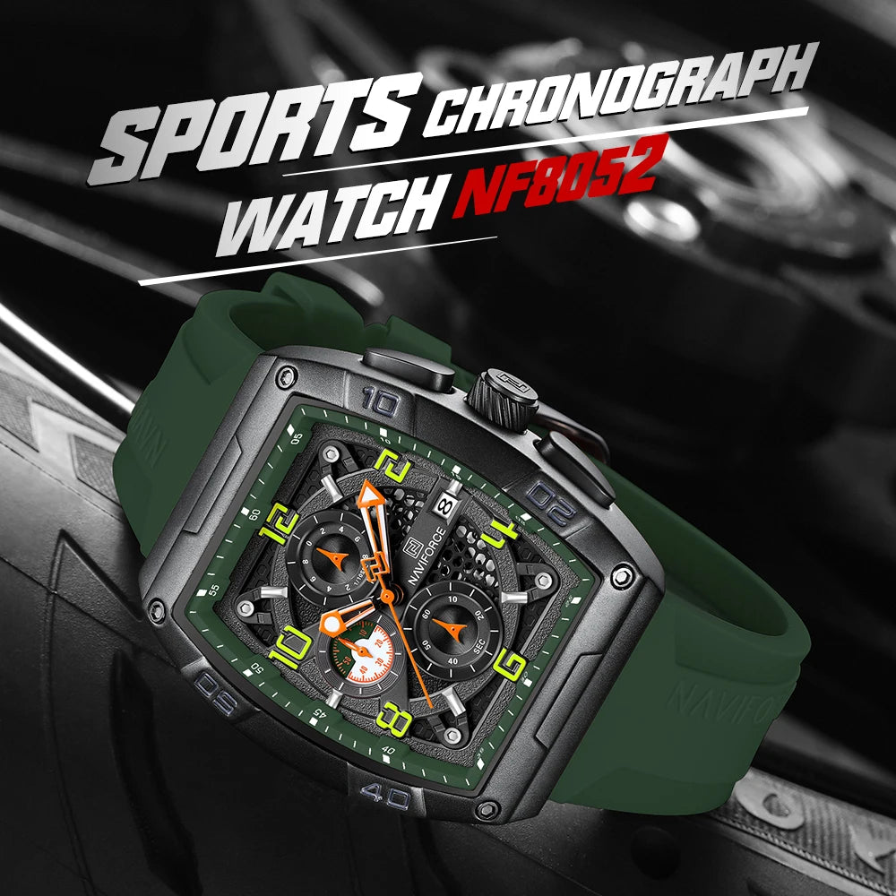 Montre Quartz Sport Homme NAVIFORCE NF8052 — Grand Cadran 44 mm, Chronographe, Aiguilles Lumineuses, Bracelet Silicone, 13 Coloris | TechNova X