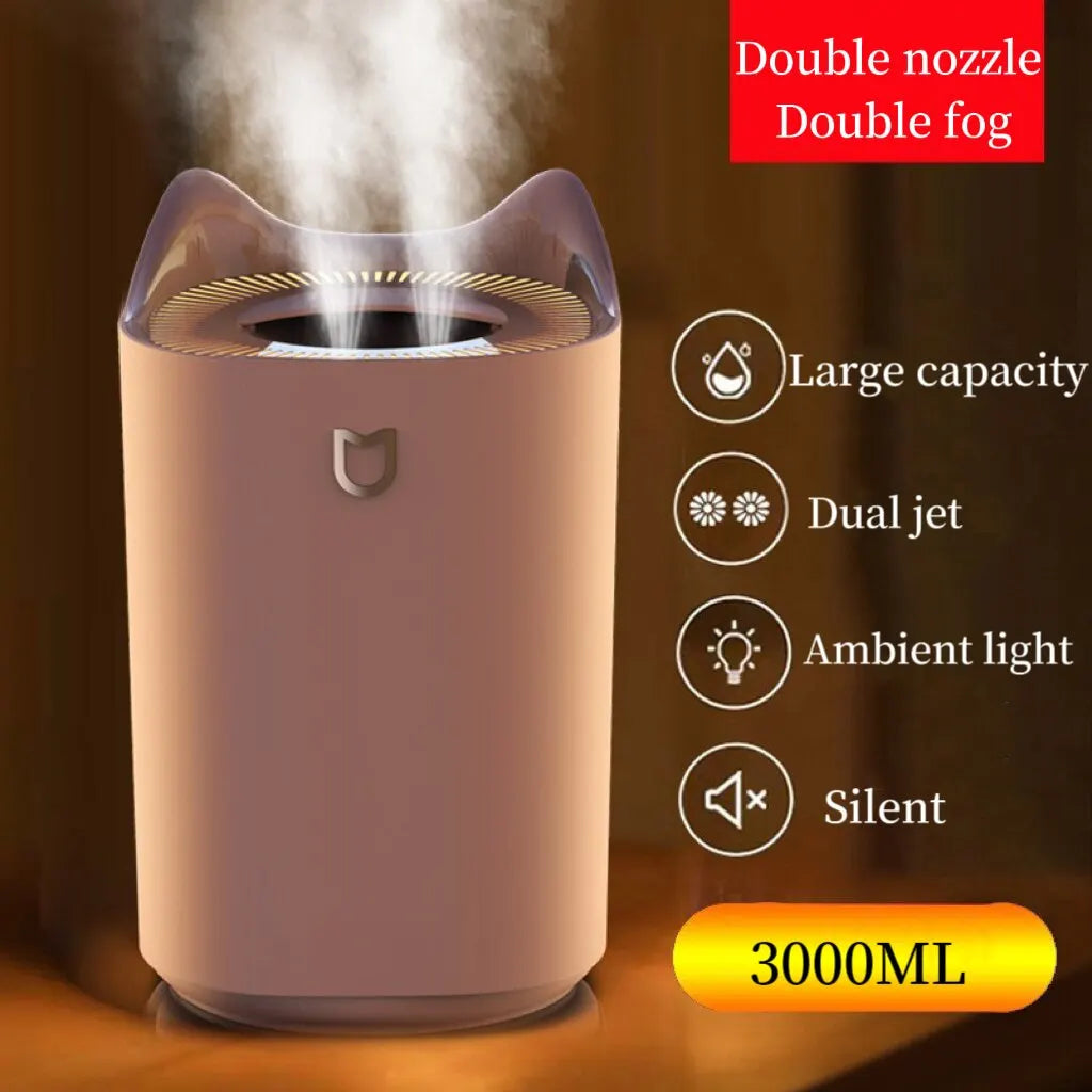 Humidificateur Double Buse 3000ml — Aromathérapie Ultrasonique, LED Ambiance & Multi-Vitesses