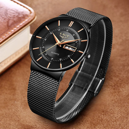 Montre Homme LIGE 9949 — Quartz Ultra-Fine, Bracelet Acier Inox, Date & Semaine, 3 ATM