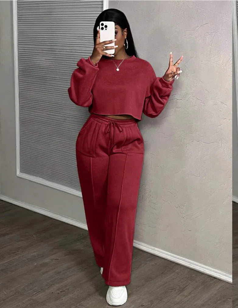 Ensemble deux pièces décontracté pour femme : Sweat-shirt ample à taille haute et pantalon droit – Collection Printemps-Automne