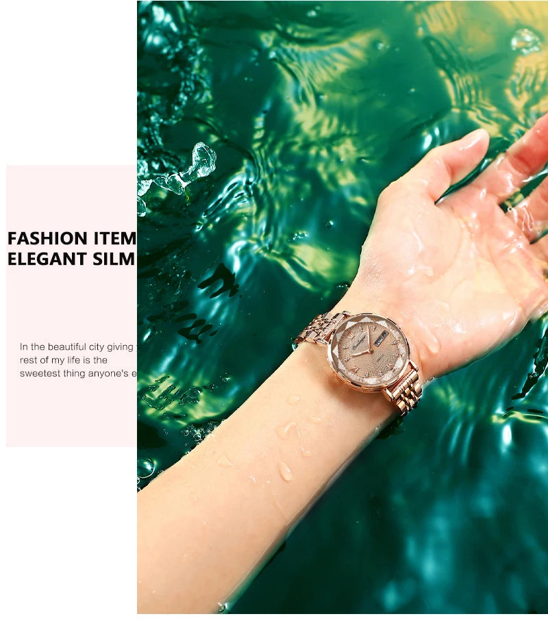 Montre Femme Quartz POEDAGAR 3012 — Acier Inoxydable, Aiguilles Lumineuses, Date & Jour, 3 ATM