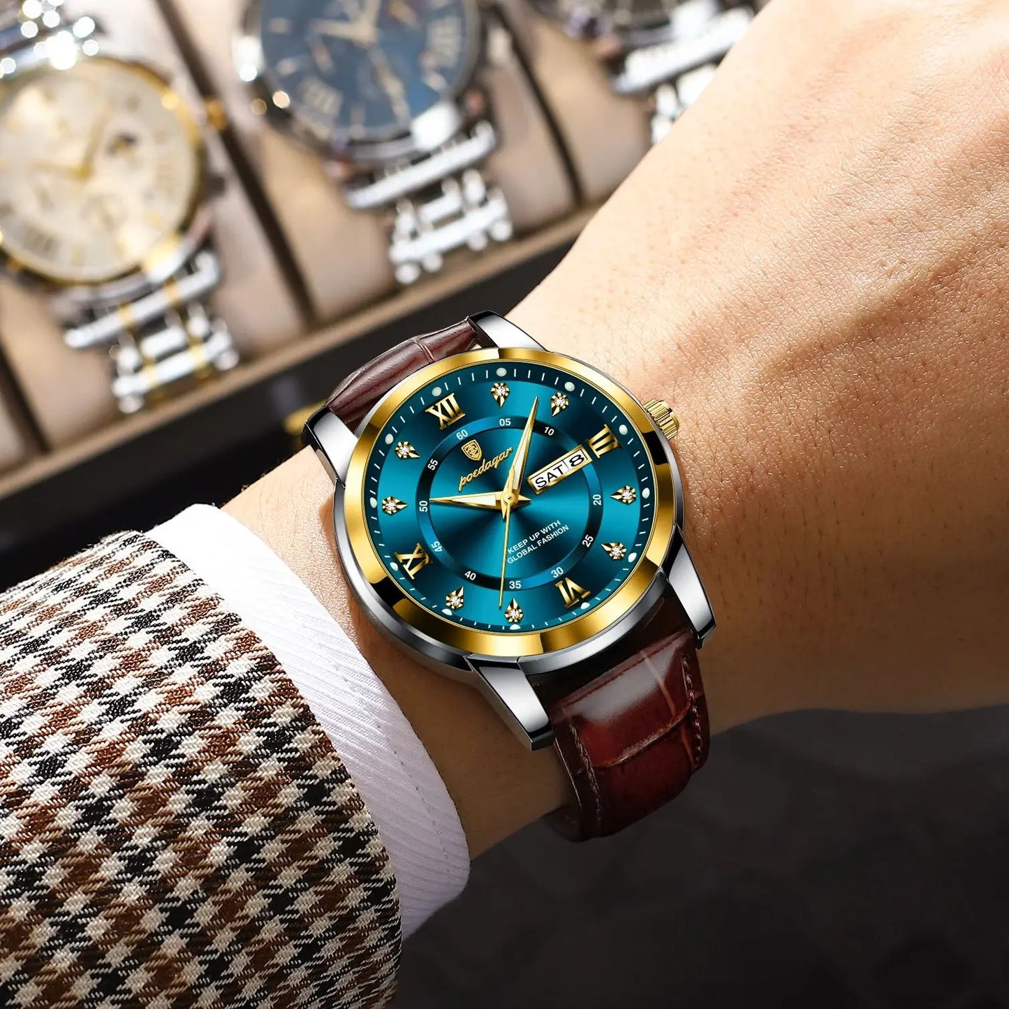Montre Homme POEDAGAR 936L — Quartz, Bracelet Cuir, Lumineux, Date & Semaine
