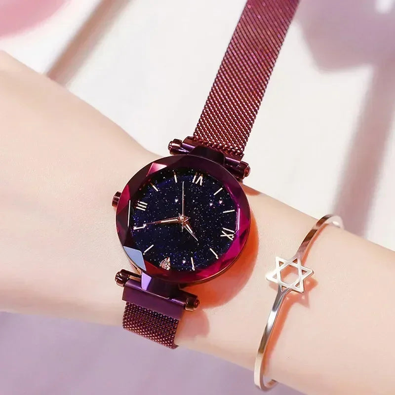 Montre Quartz Femme RUNERR — Cadran Ciel Étoilé 33 mm, Bracelet Magnétique Maille Acier Ajustable, Lumineux, 5 Coloris | TechNova X