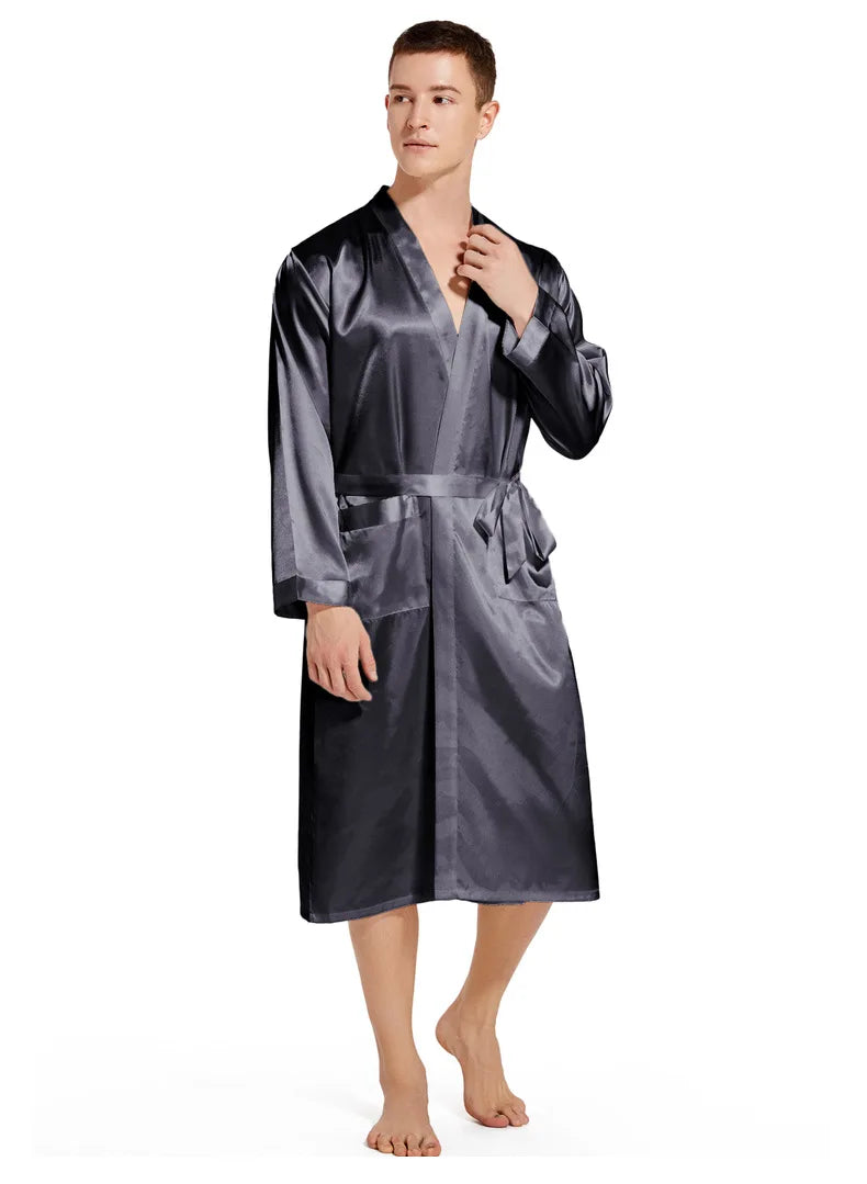 Kimono Peignoir Satin Homme — Robe de Chambre Ample Col en V