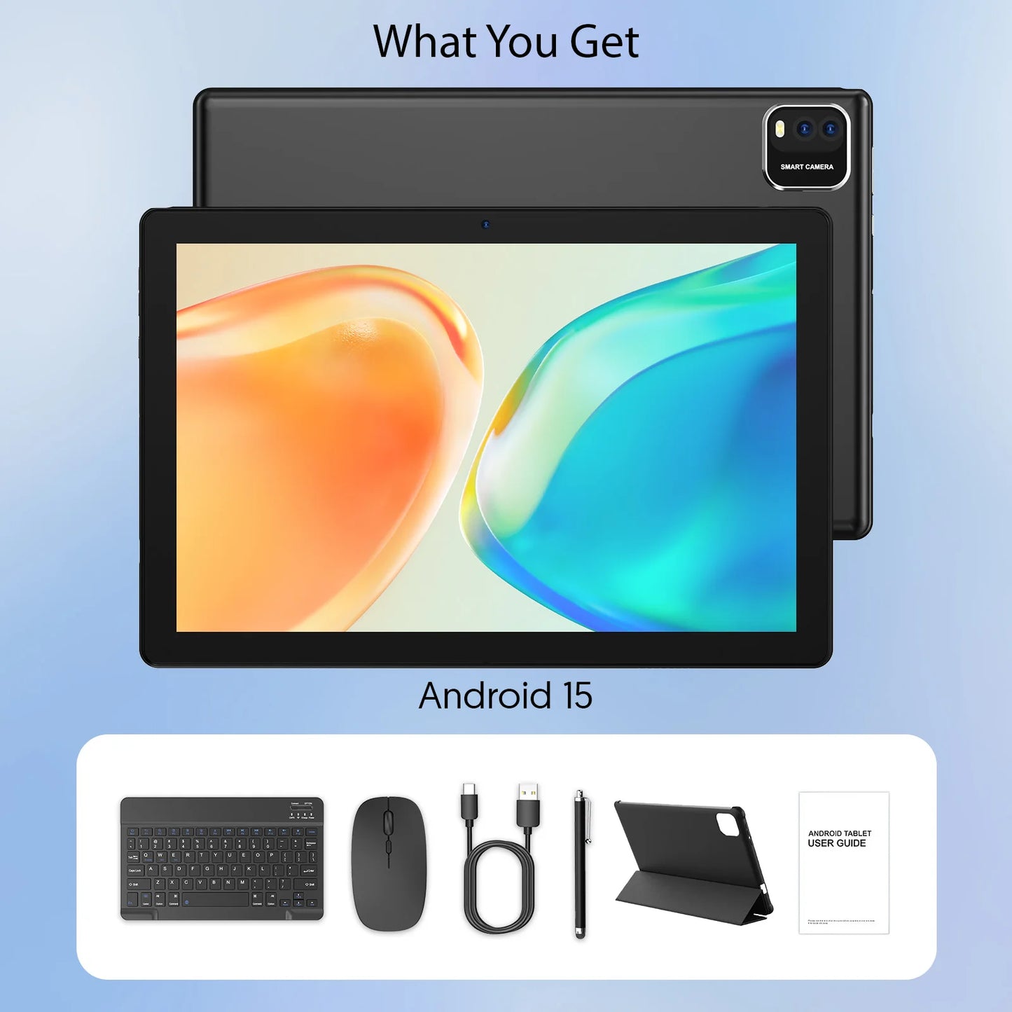 Tablette BAKEN Android 15, 10 pouces, 12 (3+9) Go de RAM + 64 Go de ROM, quad-core, batterie 6000 mAh, comprend un étui de protection gratuit