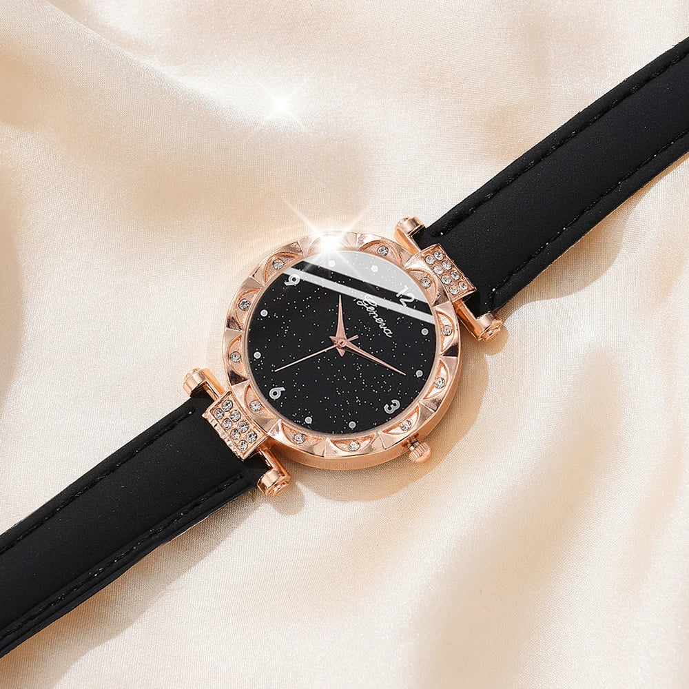 Coffret Bijoux Femme 5 Pièces Strass — Montre Quartz Cuir, Bague, Collier & Boucles d’Oreilles