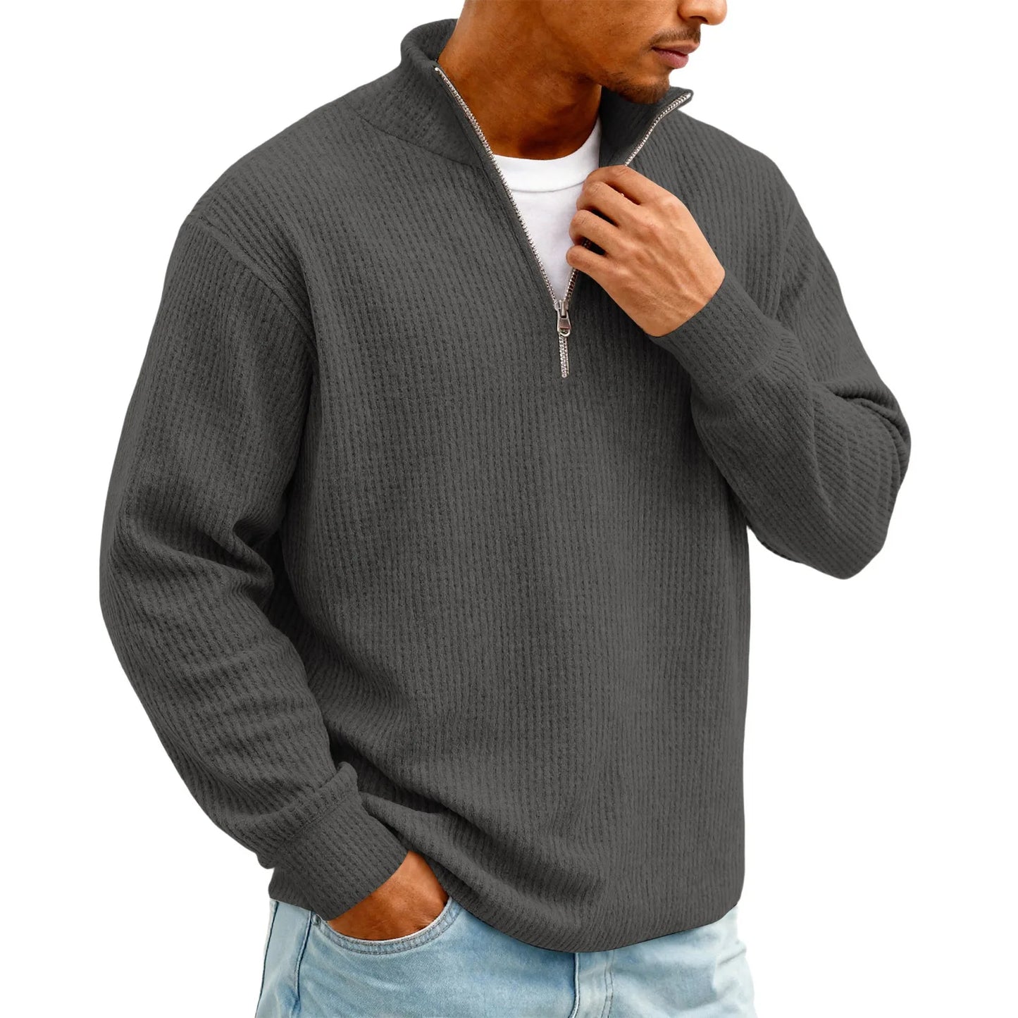 Sweat Col Polo Homme — Manches Longues, Fermeture Éclair, Coupe Ample | Automne-Hiver