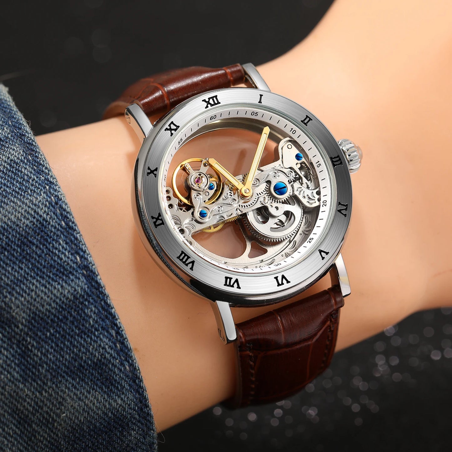 Montre Mécanique Automatique Squelette FORSINING FS134 — Aiguilles Lumineuses, Bracelet Cuir ou Acier