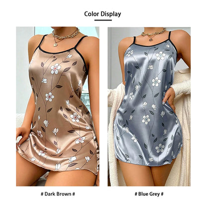 Robe de nuit en satin à imprimé floral pour femme, confortable, bretelles spaghetti, luxueuse, slip