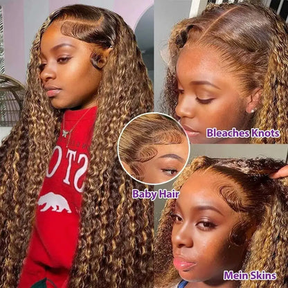 Perruque Lace Frontal Wig naturelle bouclée à reflets, cheveux humains, 13x4, sans colle, HD, Deep Wave, 4/27, colorée, pre-plucked