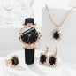 Coffret Bijoux Femme 5 Pièces Strass — Montre Quartz Cuir, Bague, Collier & Boucles d’Oreilles