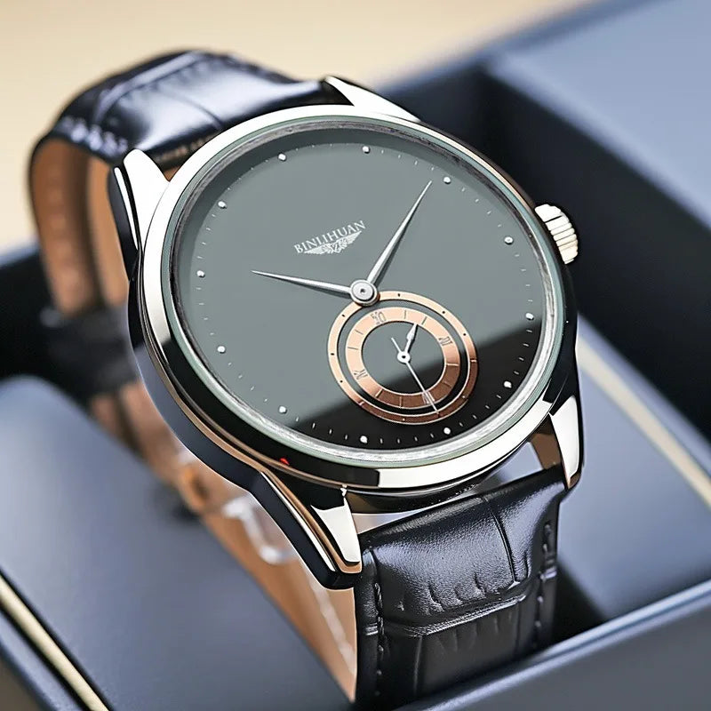 Montre Homme Quartz BEE SHIRLEY — Bracelet Cuir Noir, Cadran Minimaliste 40mm, Style Luxe Robe