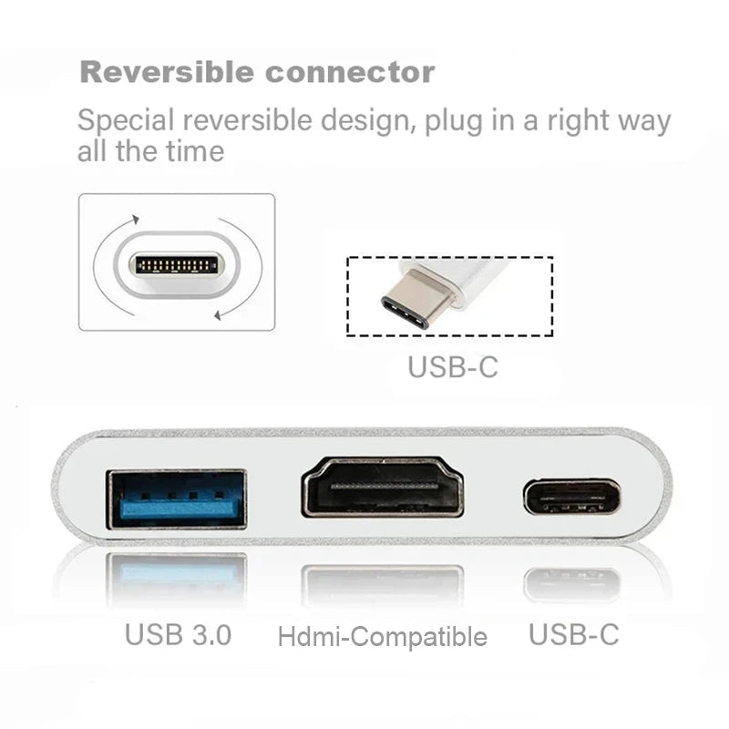 Adaptateur Hub USB-C 3 en 1 — HDMI 4K, USB 3.0 5Gbps, Charge USB-C | TechNova X