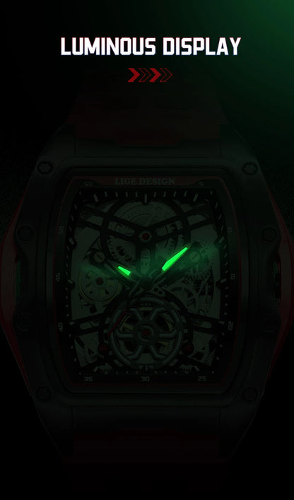 Montre Mécanique Homme Squelette — Boîtier Carré Acier, Automatique, Étanche 3 ATM, Bracelet Silicone | TechNova X