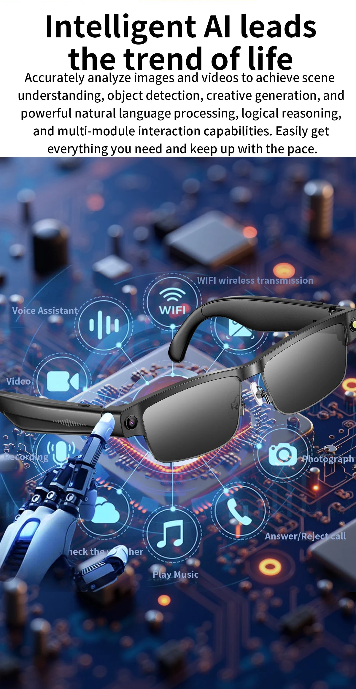 LIGE 800W HD Camera Smart Glasses 1200P HD Video Recording Chat Translation Voice Control Calling Sunglasses Color-Changing Lenses