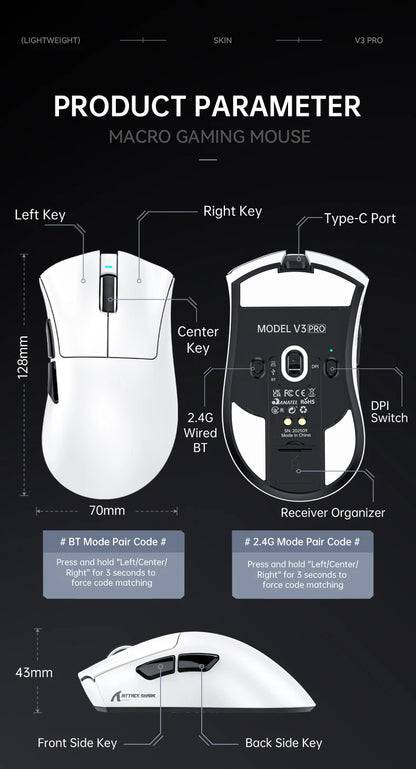 Souris de jeu sans fil Attack Shark V3 PRO, tri-mode 2.4G/BT/filaire, ultra-légère, PAW3311, 26000 DPI