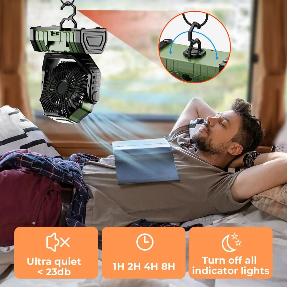 Ventilateur Camping 20 000mAh — LED 3 Niveaux, 4 Vitesses, Télécommande & Powerbank Intégré
