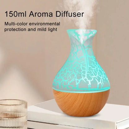 Mini Humidificateur Vase Design Bois 150ml — LED 7 Couleurs, Aromathérapie & USB 5V