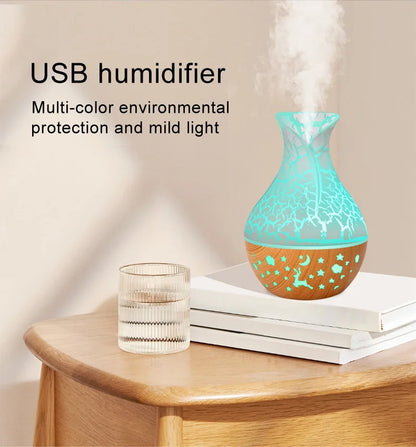 Mini Humidificateur Vase Design Bois 150ml — LED 7 Couleurs, Aromathérapie & USB 5V