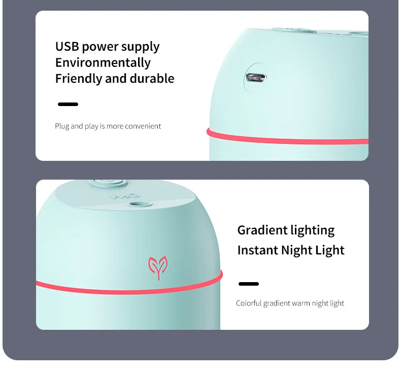 Mini Humidificateur USB 220ml — Aromathérapie, Silencieux, Arrêt Auto & 3 Coloris
