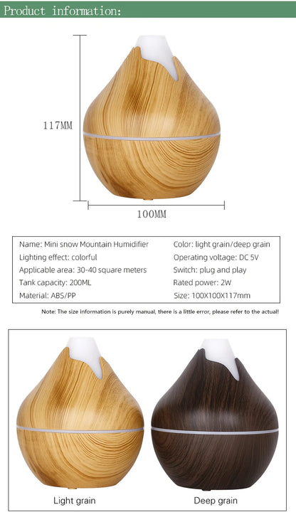 Humidificateur Diffuseur Arômes Design Bois — Ultrasonique, LED 7 Couleurs & USB 5V (200ml/350ml)