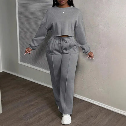 Ensemble deux pièces décontracté pour femme : Sweat-shirt ample à taille haute et pantalon droit – Collection Printemps-Automne