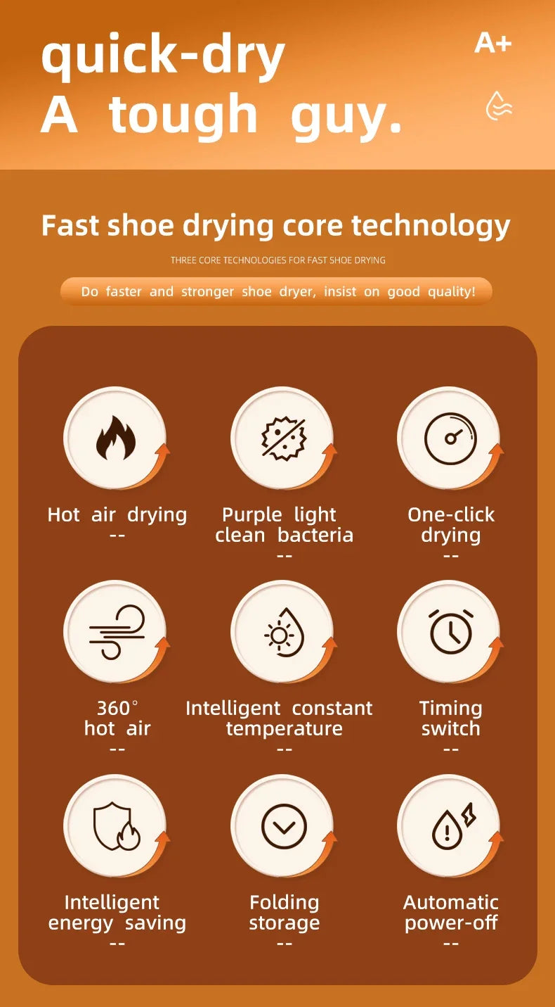 Sèche-Chaussures Intelligent 150W — Minuterie, Séchage Rapide, Désodorisant & Stérilisant