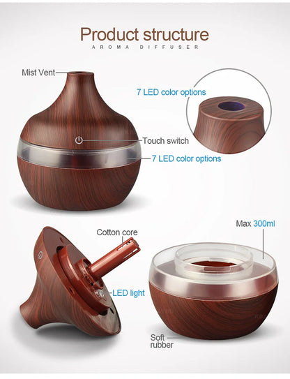 Humidificateur Ultrasonique 300ml Design Bois — LED 7 Couleurs, Commande Tactile & USB 5V