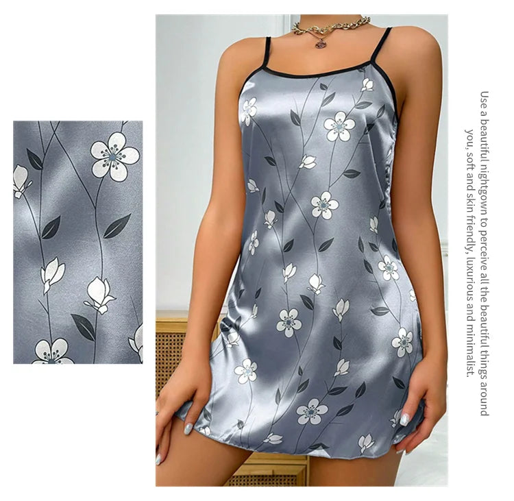 Robe de nuit en satin à imprimé floral pour femme, confortable, bretelles spaghetti, luxueuse, slip