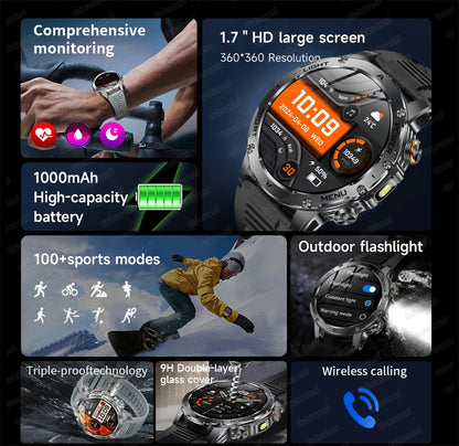 Montre Connectée Sport Militaire AK87 — AMOLED 1,7", GPS, NFC, Étanche IP68, Batterie 1000 mAh, 100 Jours | TechNova X