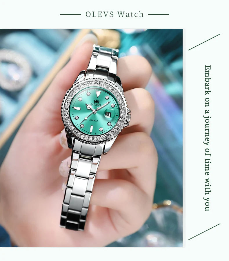 Montre Femme Quartz OLEVS 9945 — Cadran Diamant Lumineux, Acier Inoxydable, Date, 3 ATM