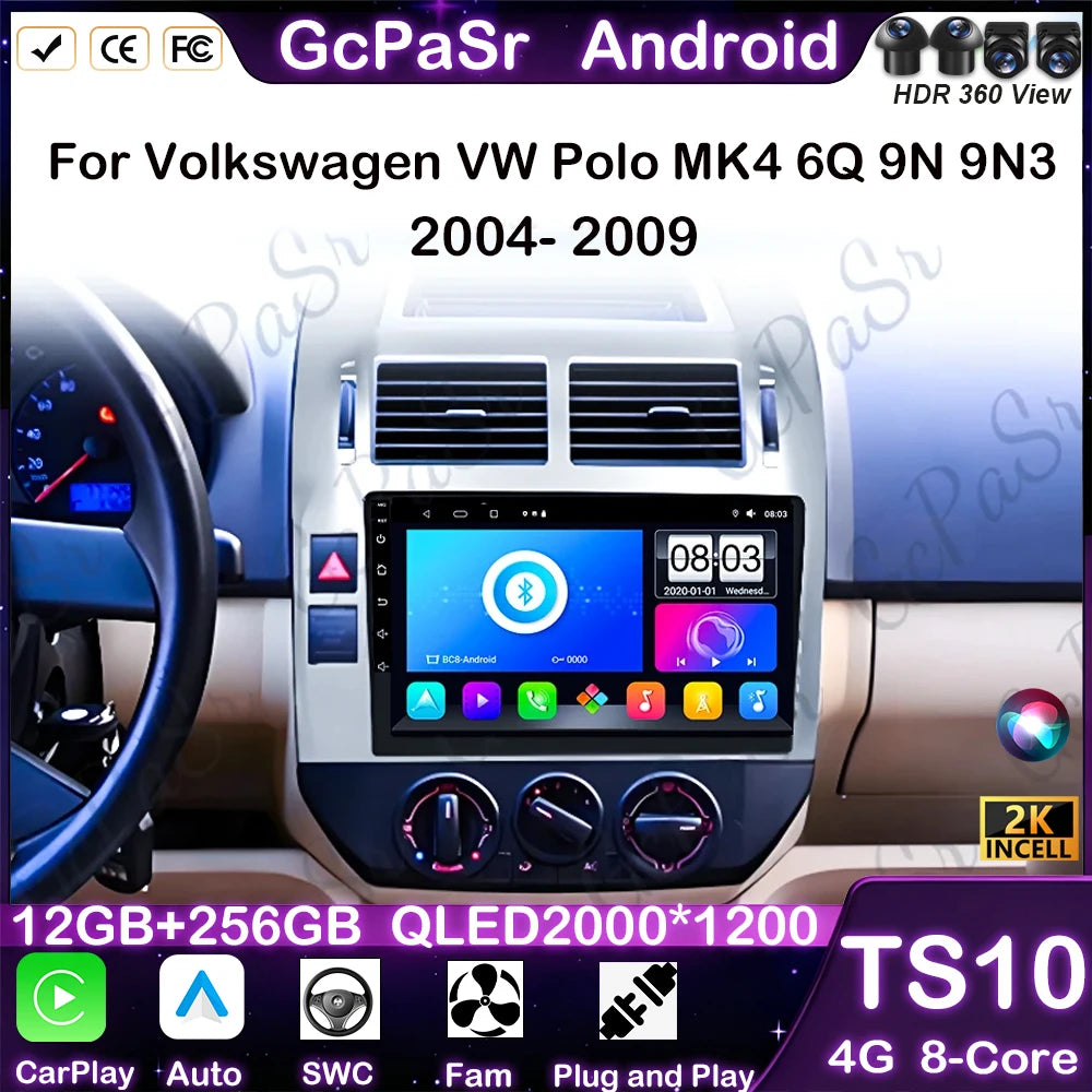 Autoradio Android 16 pour Volkswagen VW Polo MK4 6Q 9N 9N3 2004-2009 Lecteur multimédia Stéréo auto WiFi Navigation autoradio 4G