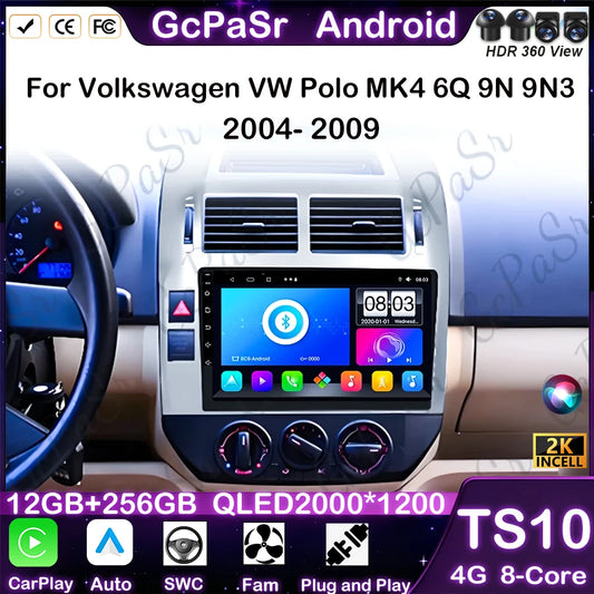 Autoradio Android 16 pour Volkswagen VW Polo MK4 6Q 9N 9N3 2004-2009 Lecteur multimédia Stéréo auto WiFi Navigation autoradio 4G