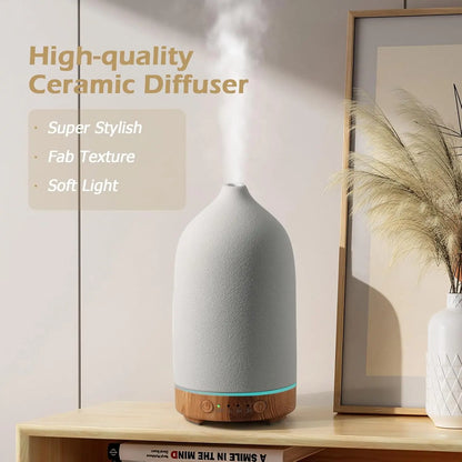 Diffuseur Aromathérapie Céramique 100ml — Ultrasonique, Minuterie 1H/2H & Veilleuse LED 7 Couleurs