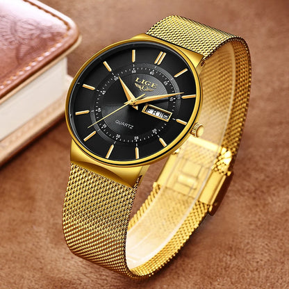 Montre Homme LIGE 9949 — Quartz Ultra-Fine, Bracelet Acier Inox, Date & Semaine, 3 ATM
