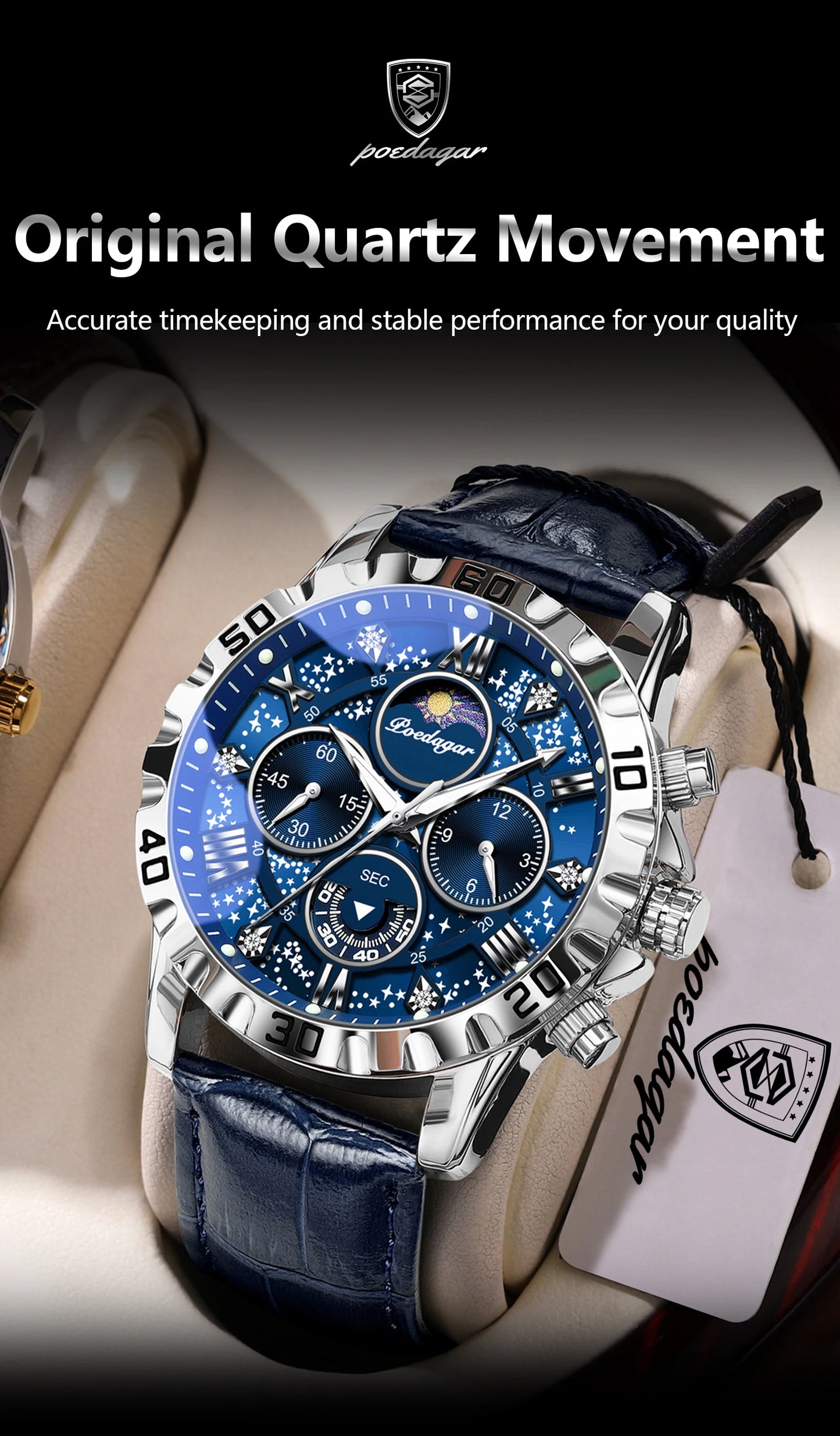 Montre Quartz Luxe Homme POEDAGAR 973 — Chronographe Lumineux, Verre Saphir, Bracelet Cuir, 3 ATM, 7 Coloris | TechNova X