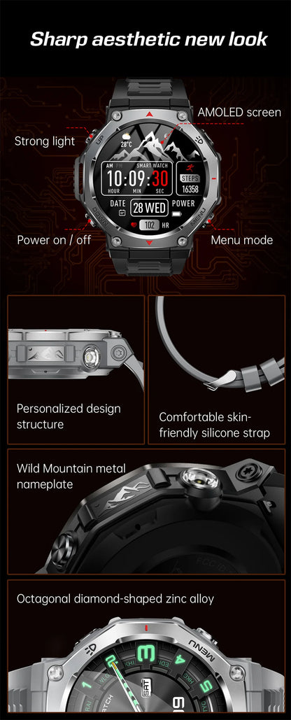 Montre Connectée Sport ZYKEXUAN T-Rex3 — AMOLED 1,43", Étanche 10 ATM, Boussole, Altimètre, 100+ Sports, 13 Coloris | TechNova X