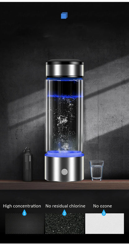 Bouteille Eau Hydrogène 430ml — Ioniseur Alcalin, Filtration 5 Étapes & Rechargeable USB