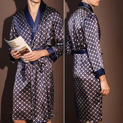 Kimono Peignoir Satin Imprimé Homme — Robe de Chambre avec Poches, Col en V