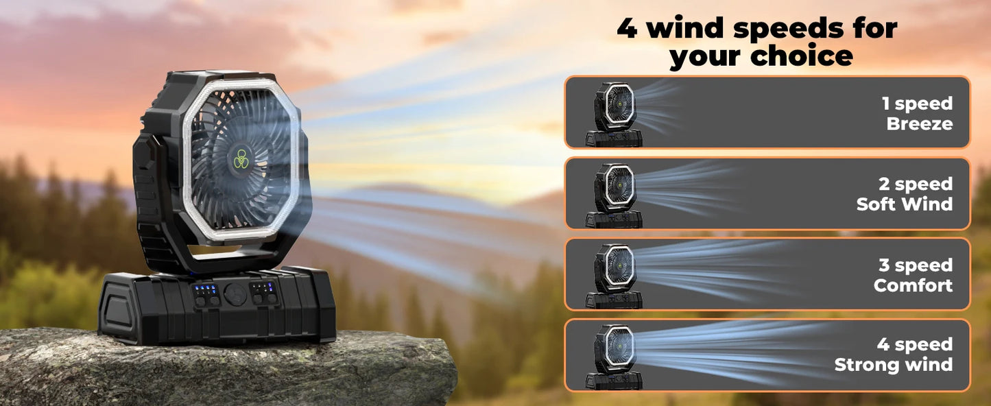 Ventilateur Camping 20 000mAh — LED 3 Niveaux, 4 Vitesses, Télécommande & Powerbank Intégré