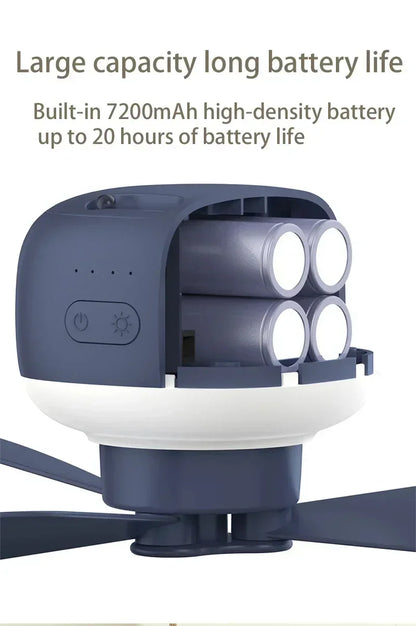 Ventilateur Plafond Portable Camping — LED, Télécommande, 4 Vitesses & Batterie 3600/7200mAh