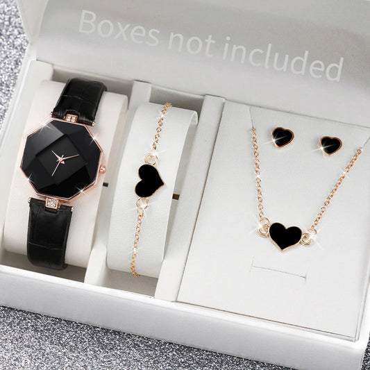 Coffret Bijoux Femme 5 Pièces — Montre Quartz Bracelet Cuir, Boucles d’Oreilles, Collier & Bracelet