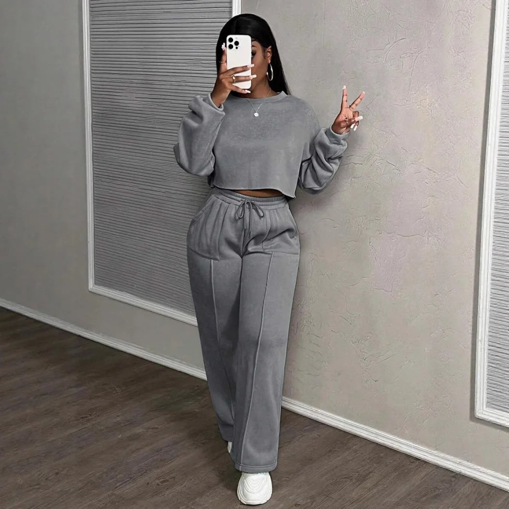 Ensemble deux pièces décontracté pour femme : Sweat-shirt ample à taille haute et pantalon droit – Collection Printemps-Automne