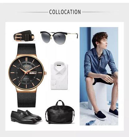 Montre Homme LIGE 9949 — Quartz Ultra-Fine, Bracelet Acier Inox, Date & Semaine, 3 ATM